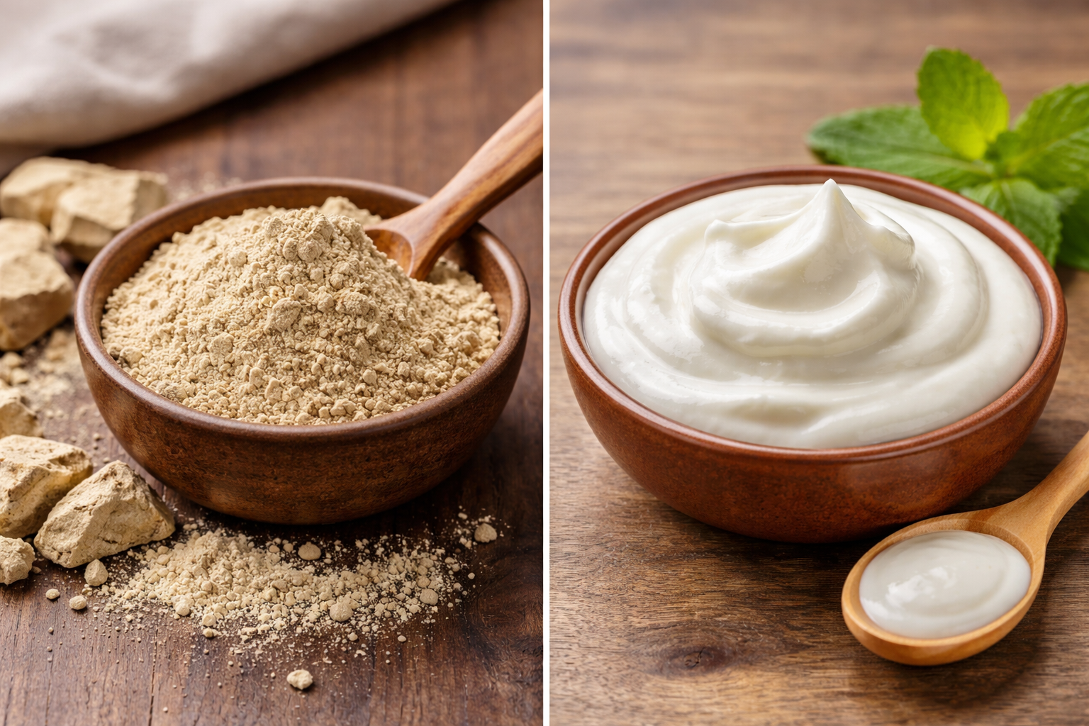 Multani mitti and curd in separate bowls for natural pimple treatment at home