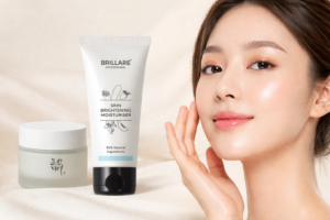 Face creams for glowing skin with a model showing radiant glowing skin